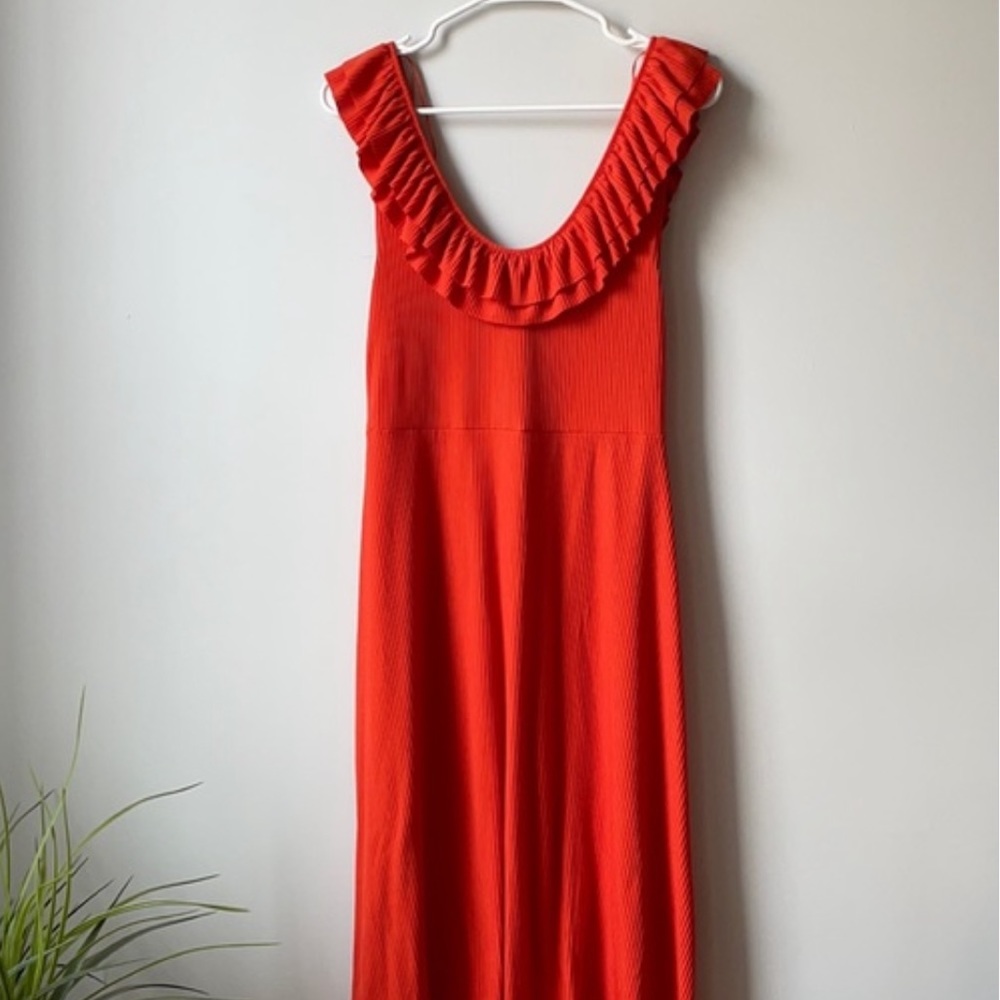 Zara Ribbed Ruffle Off Shoulder Orange Dress